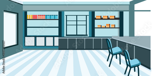 Modern classroom interior with desks, chairs, and whiteboard. Clean vector illustration suitable for education concepts, school design, online learning graphics, and academic presentations.