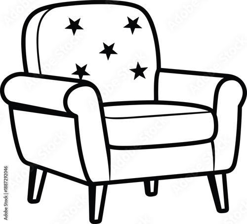 A simple line drawing of a comfortable armchair with stars on the backrest, depicted from a slight angle, showcasing its cushioned seat and four legs.