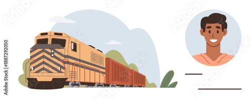 Transportation, logistics, travel, cargo delivery, identity profile, industrial infrastructure. Freight train with cargo cars and side-profile illustration of a smiling man. Transportation