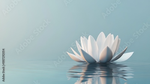 Serene 3d render of a pristine white lotus flower gently floating on calm, rippling water with a soft blue background