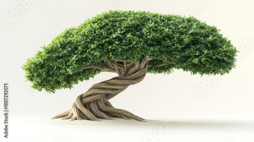 Twisted ancient bonsai tree with lush green foliage and gnarled trunk