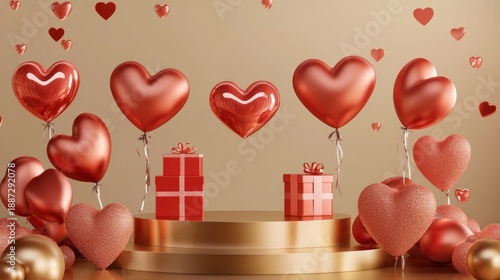Valentine's day display with red heart balloons and gift boxes on golden podium