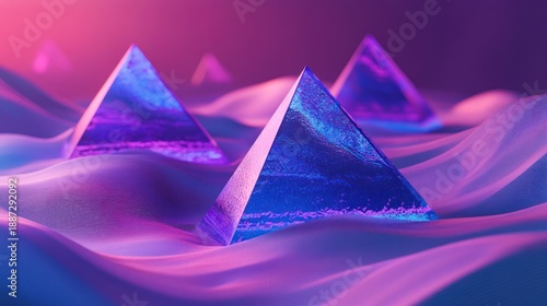 Viintimate apparelnt blue pyramids in a surreal desert landscape with pink and purple hues