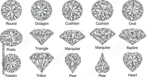 Collection of Various Diamond Shapes Illustrated in Detailed Line Art on a Clean Background from Different Angles and Viewpoints