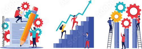 People working together on business projects with graphs and gears in an industrial setting from a high viewpoint
