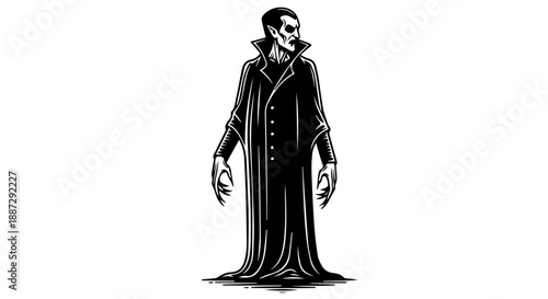 Black and white illustration of a vampire figure with a gaunt face and flowing coat