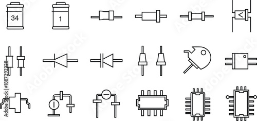 Collection of various electronic components and circuit symbols illustrated in a technical line art style