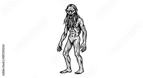 Black and white line drawing of a muscular humanoid figure with elongated primal form