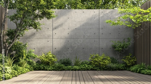 Modern garden with concrete wall and wooden deck surrounded by lush greenery
