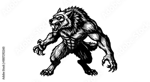 Black and white illustration of a wolf in a dynamic mid-motion stance with a snarl