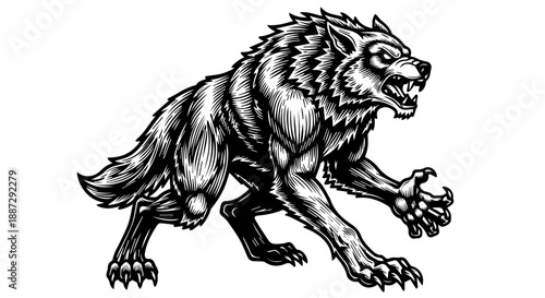 Black and white illustration of a wolf in mid-stride with dynamic movement and intense expression
