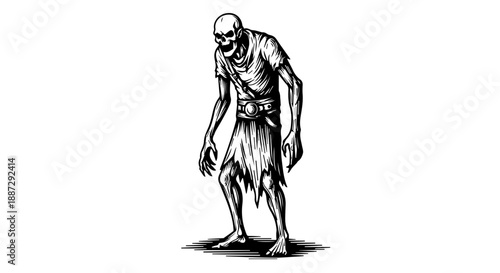 Skeletal figure with tattered clothing and circular belt buckle in black-and-white illustration