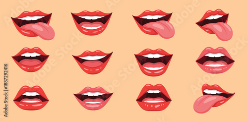 Collection of cartoon lips and tongues in various expressions on a uniform background viewed from the front