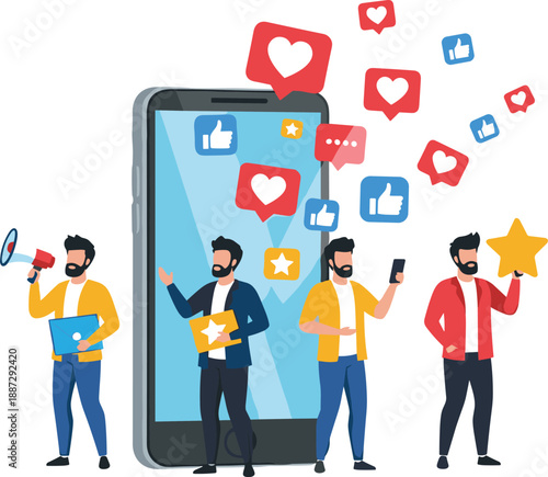 People interacting with social media on a large smartphone screen surrounded by likes and comments in a modern digital environment from a frontal viewpoint