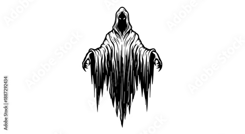 Black and white illustration of a solitary figure in a tattered robe with outstretched arms