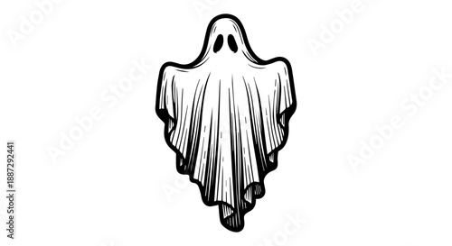 Minimalist black and white line art illustration of a ghost with a wavy body and almond-shaped eyes