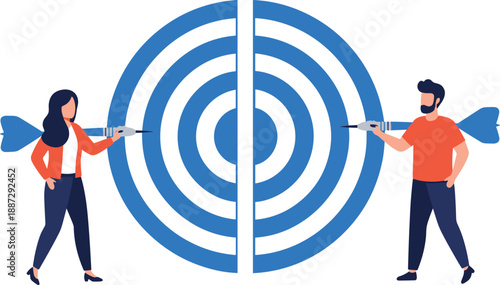 Man and woman standing on opposite sides of a giant blue target, both holding bows and arrows, in a competitive illustration, viewed from the side