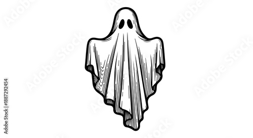Minimalist illustration of a ghostly figure with black circular eyes on a solid background