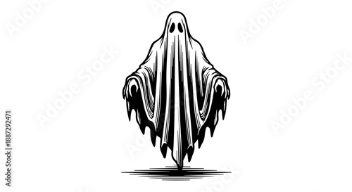 Black and white illustration of a ghost with a flowing, ethereal form