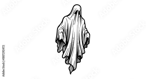 Black and white illustration of a solitary figure in a flowing robe with a triangular shape