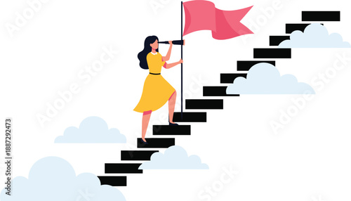 Woman in yellow dress climbing stairs with red flag at the top viewed from behind