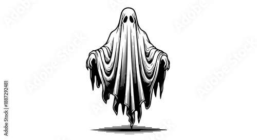 Minimalist black and white illustration of a ghostly figure in tattered robes with hollow eyes