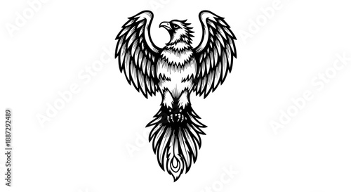 Majestic eagle with wings outstretched in a commanding pose, gripping an object, black and white illustration