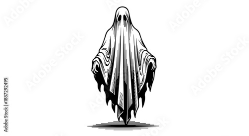 Black and white illustration of a ghostly figure with a tattered cloak and hollow eye sockets