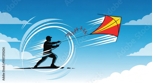 Man flying red yellow kite in blue sky with white clouds windy day outdoor leisure activity