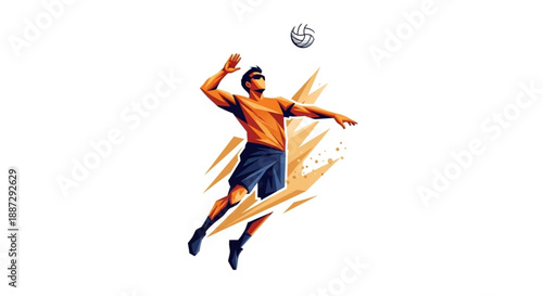 Man in orange shirt jumping to hit volleyball with dynamic motion lines around him