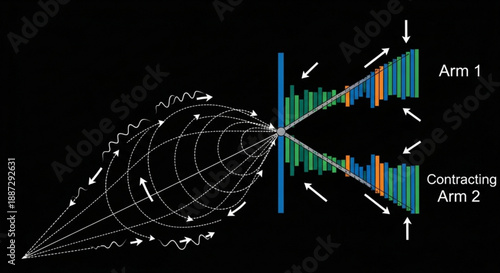 Interferometer illustration with laser arms and wave patterns on black background for physics and science concepts