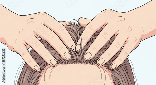 Hands massaging scalp for relaxation and stress relief on a woman's head with brown hair