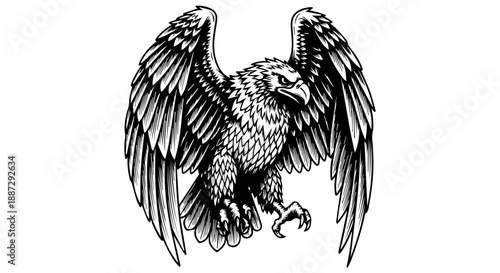 Black and white line-art illustration of an eagle with wings extended