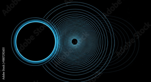 Glowing blue rings with concentric circles on black background futuristic technology design element