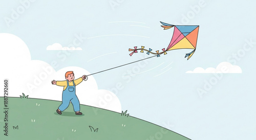 Man flying colorful kite on green hill with blue sky and white clouds outdoor leisure activity