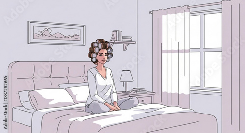 Woman meditates on bed in serene bedroom with soft morning light and hair rollers