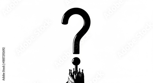 Large question mark symbol rising from chess piece on white background representing uncertainty or inquiry in business strategy