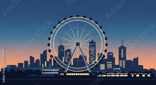 Large illuminated ferris wheel against city skyline at sunset with modern buildings and vibrant sky