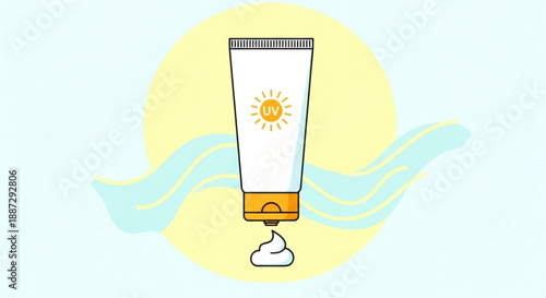 Sunscreen tube with sun protection and cream dispensing on light blue background with yellow sun