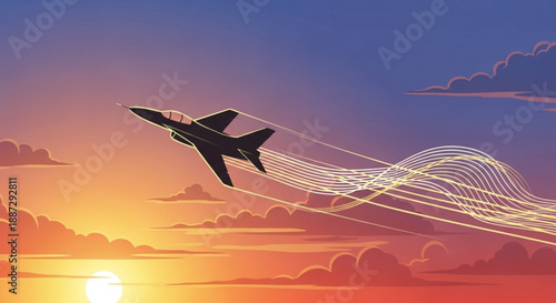 Fighter jet flying through vibrant sunset sky with contrails and wavy motion lines