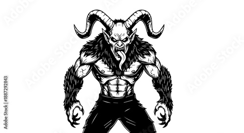 Mythical male figure with horns and muscular physique in black and white illustration