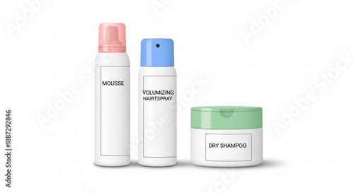 Hair care products mousse volumizing hairspray and dry shampoo on white background beauty and cosmetics