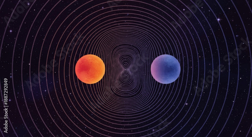 Vibrant dual planets in space with concentric circles and stars cosmic background