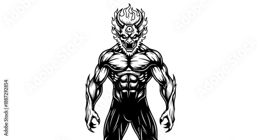 Muscular mythical male figure with fiery demonic flames in black and white illustration
