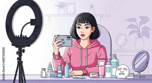 Woman recording skincare routine with smartphone and ring light at purple vanity with beauty products