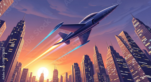 Futuristic fighter jet soars through vibrant cityscape at sunset with sleek skyscrapers and warm orange purple sky