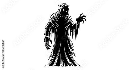 Black and white illustration of a ghostly figure with glowing eyes and skeletal hand