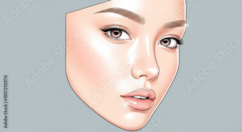 Woman's face with neutral expression and brown eyes looking straight ahead on gray background with detailed features