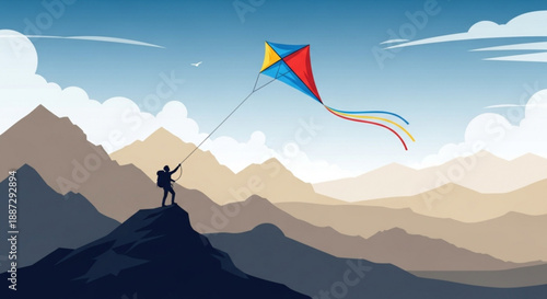 Person flying colorful kite on mountain peak with breathtaking view of cloudy sky and majestic mountains