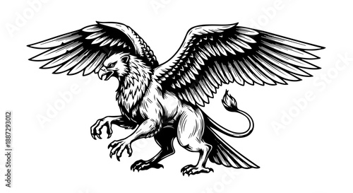 Black and white illustration of a mythical griffin in a dynamic mid-action pose